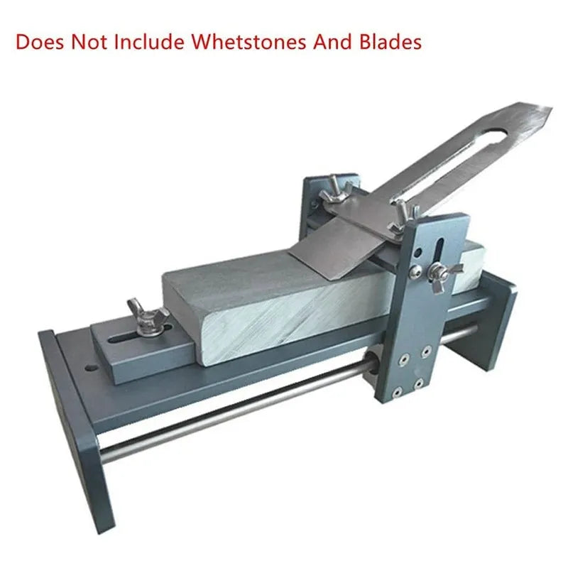 Fixed angle woodworking sharpening tool for chisels and planers made from silver aluminium alloy.