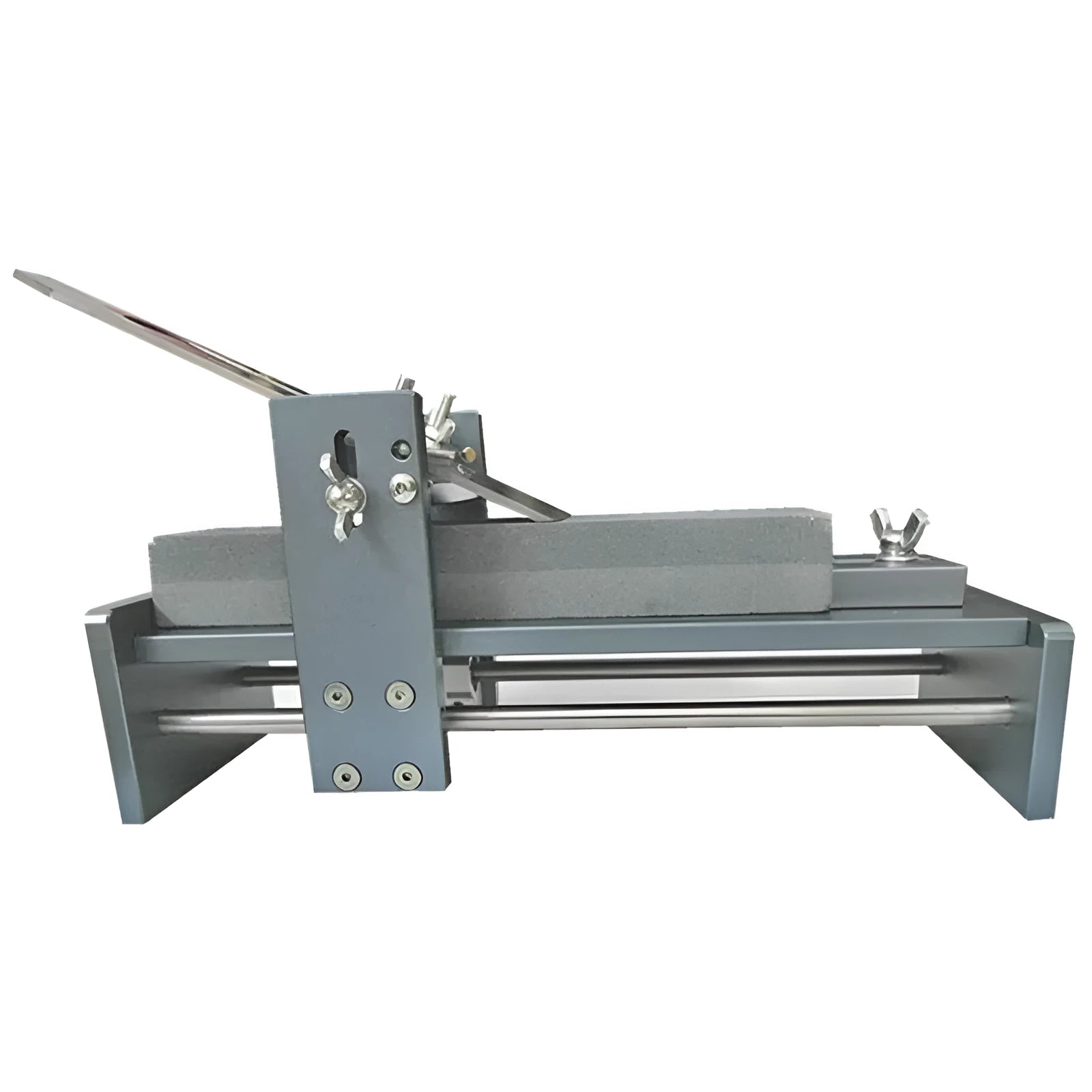 Fixed angle woodworking sharpening tool for chisels and planers made from silver aluminium alloy.