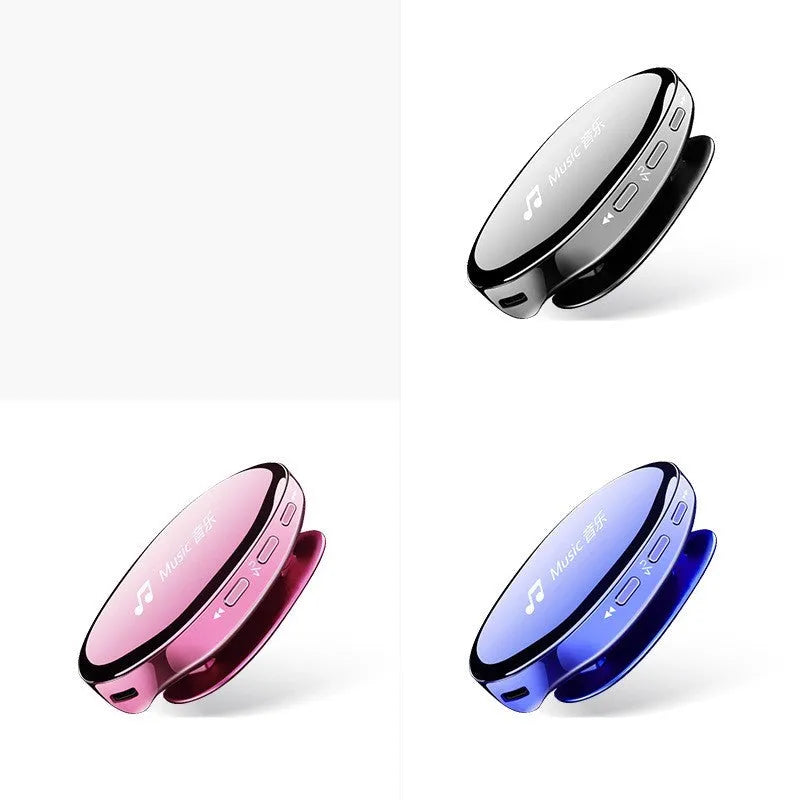 Bluetooth MP4 music player with OLED screen in black blue rose gold colours showing audio format support and 30-hour battery