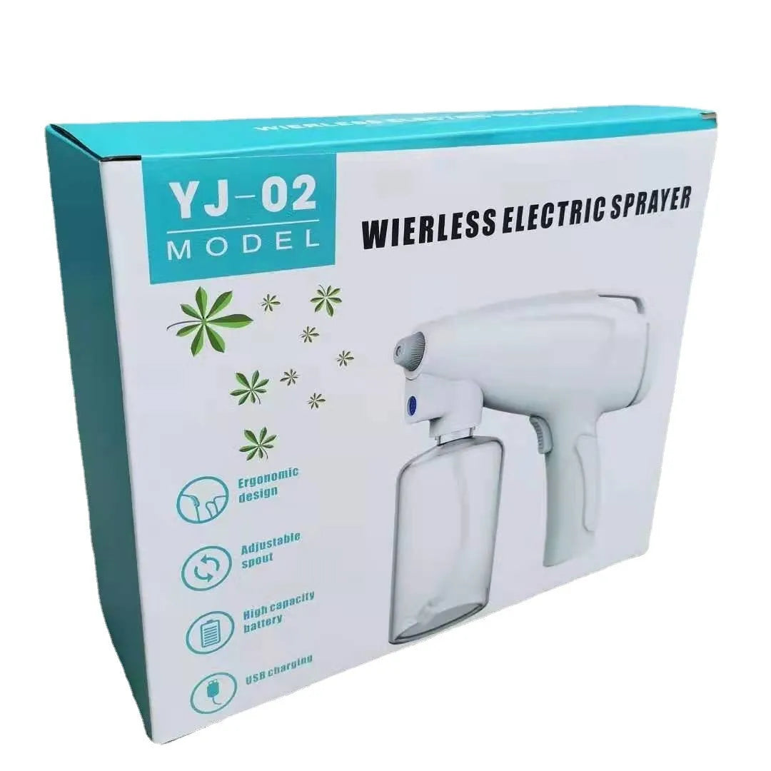 White handheld cordless electric disinfection sprayer with spray bottle.