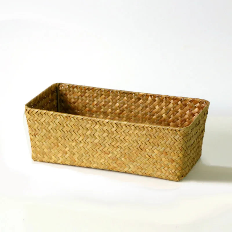 Brown and yellow straw woven desk storage box in multiple sizes for organisation