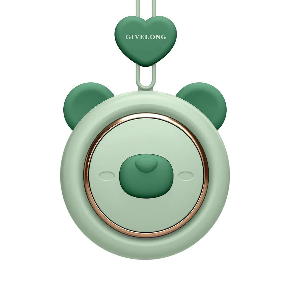 Mini bladeless neck fan with hanging rope, shown in bunny, mavericks, and little bear character designs.