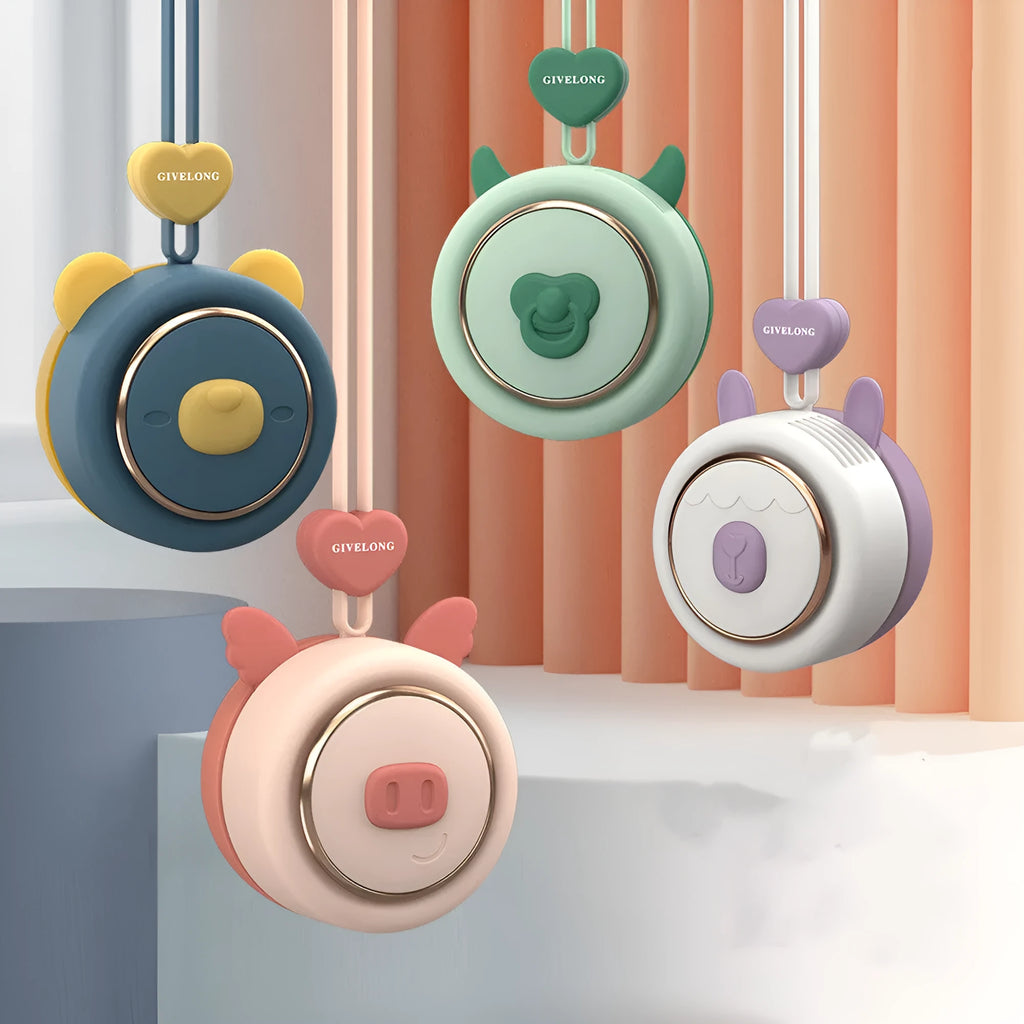 Mini bladeless neck fan with hanging rope, shown in bunny, mavericks, and little bear character designs.