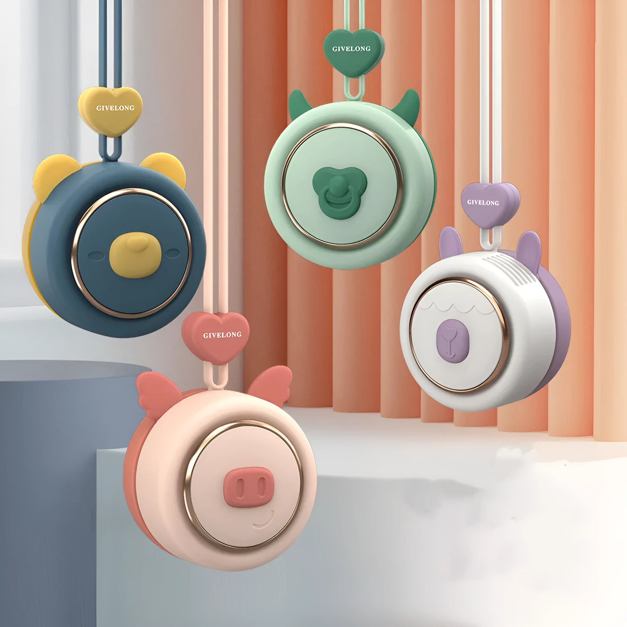Mini bladeless neck fan with hanging rope, shown in bunny, mavericks, and little bear character designs.