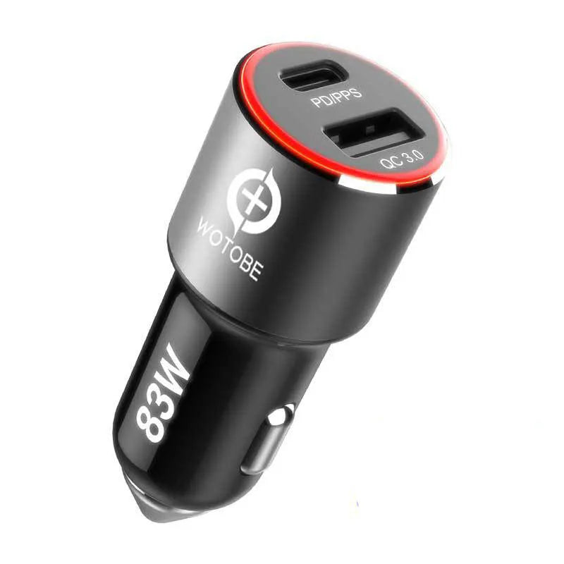 Black 83W dual-port fast car charger with USB C and QC3.0 ports for in-vehicle use.