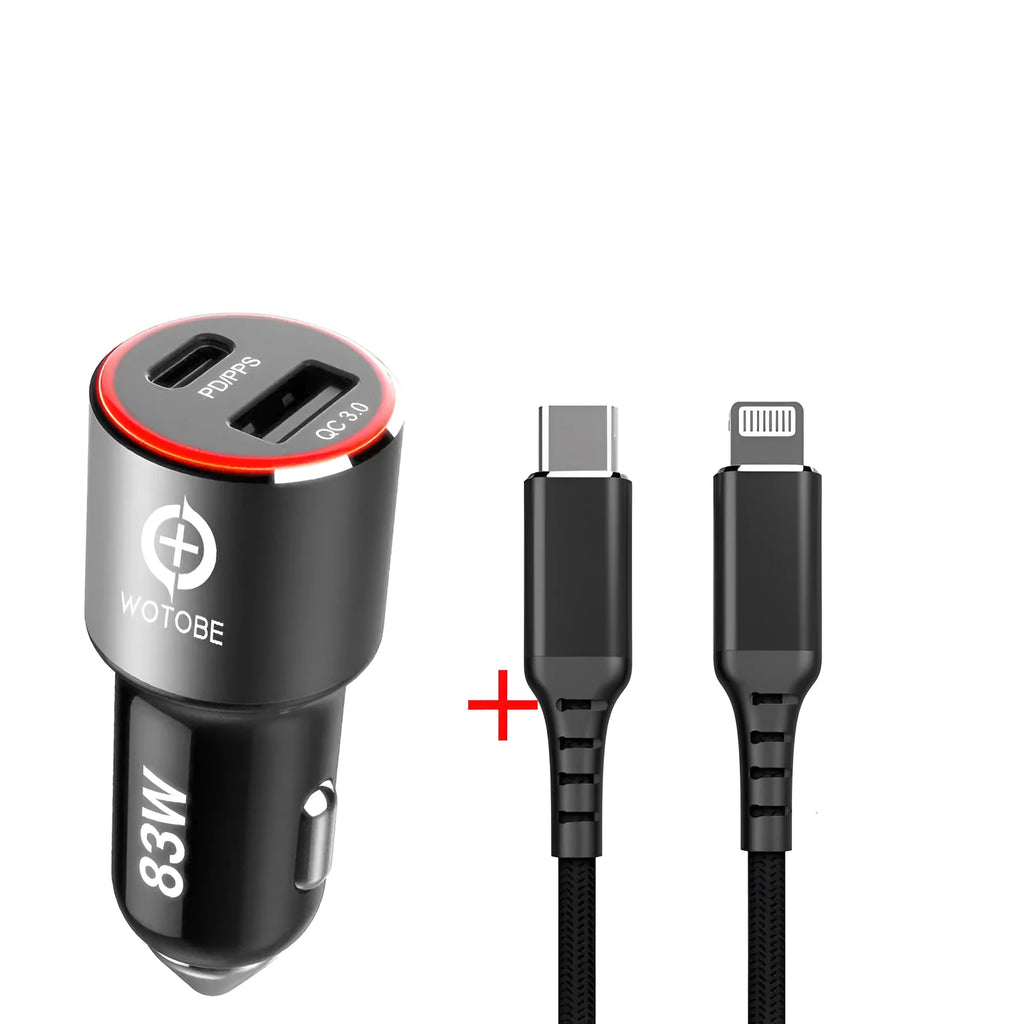 Black 83W dual-port fast car charger with USB C and QC3.0 ports for in-vehicle use.