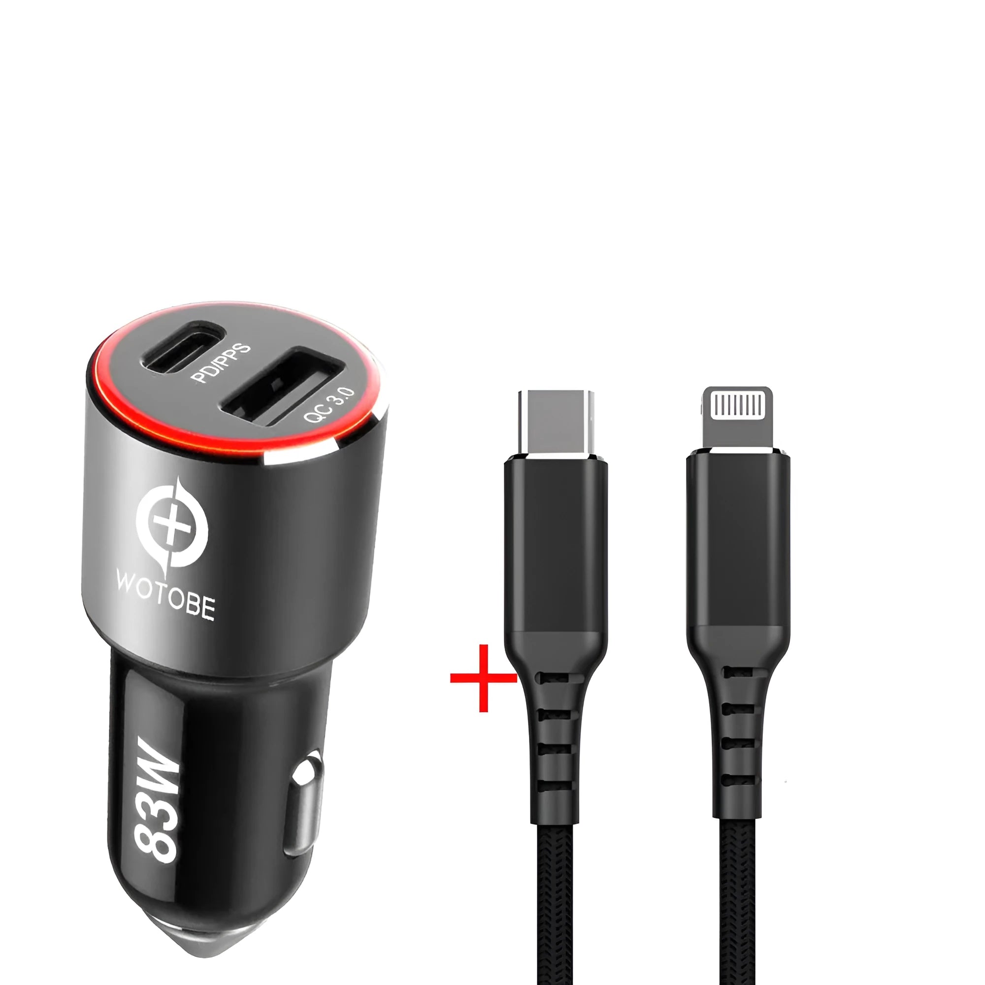 Black 83W dual-port fast car charger with USB C and QC3.0 ports for in-vehicle use.