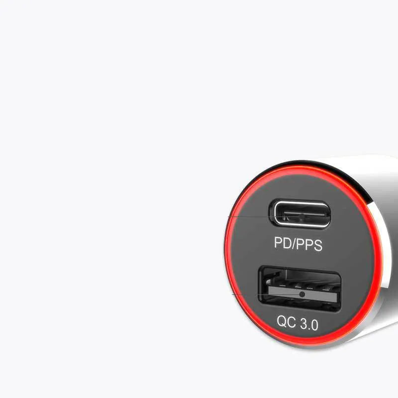 Black 83W dual-port fast car charger with USB C and QC3.0 ports for in-vehicle use.