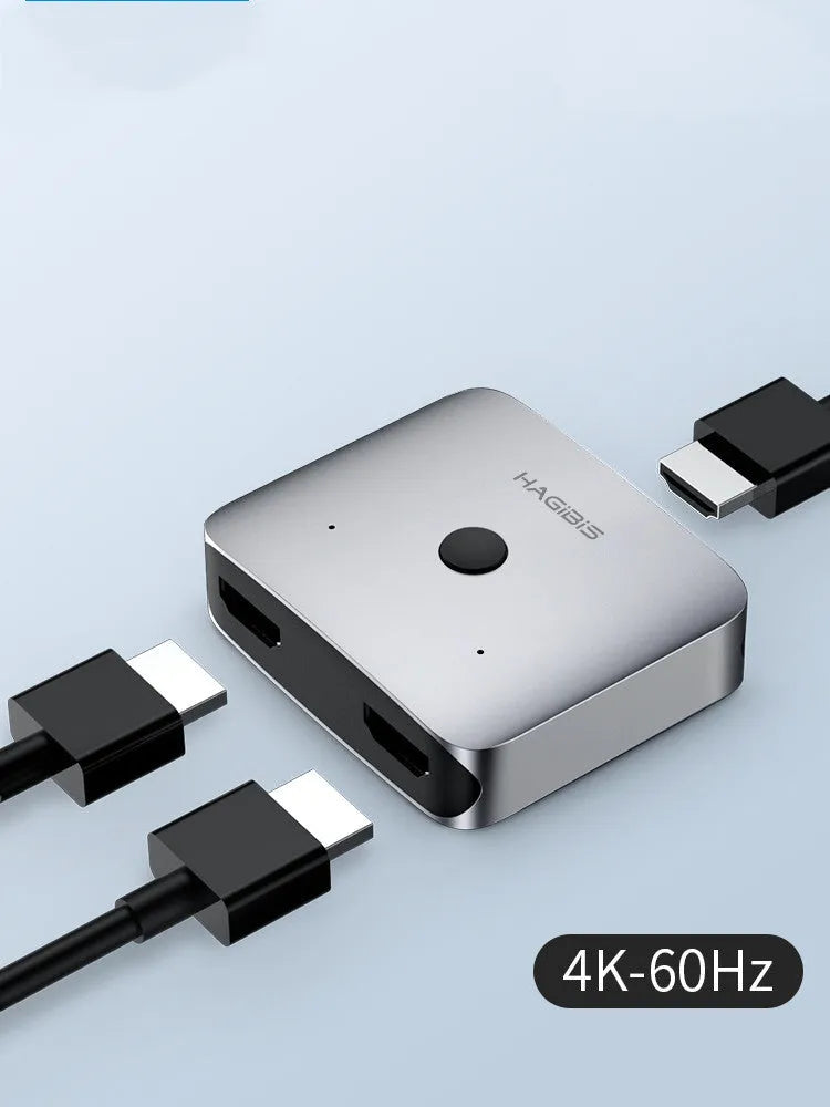 Grey HDMI 1.2 splitter switcher device with two input ports and one output port for 4K video sharing