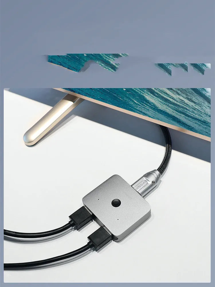Grey HDMI 1.2 splitter switcher device with two input ports and one output port for 4K video sharing