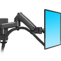 Black wall-mounted monitor stand with telescopic arm and rotating screen mount for VESA compatible displays.