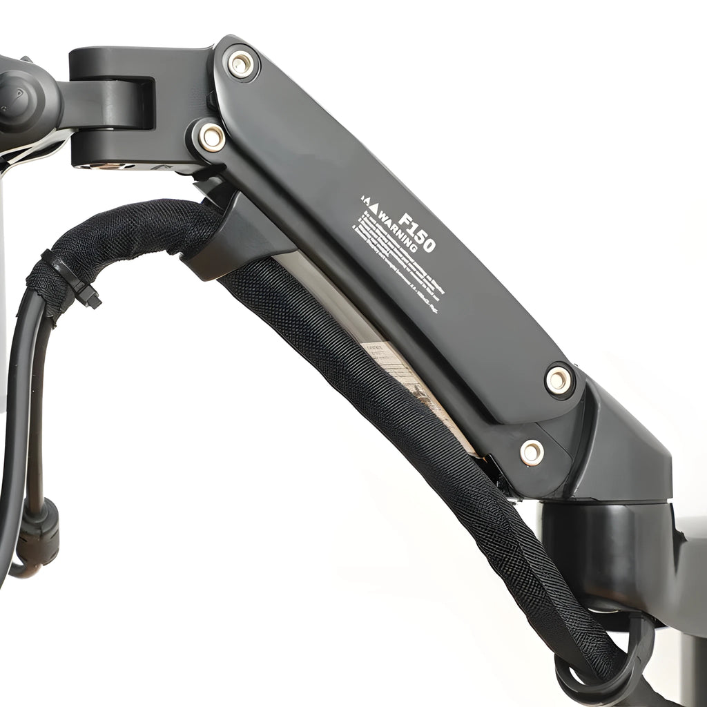 Black wall-mounted monitor stand with telescopic arm and rotating screen mount for VESA compatible displays.