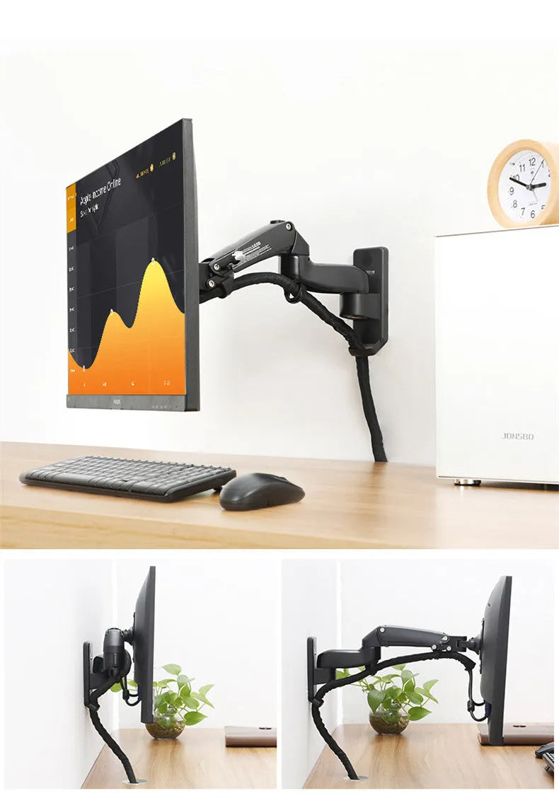 Black wall-mounted monitor stand with telescopic arm and rotating screen mount for VESA compatible displays.