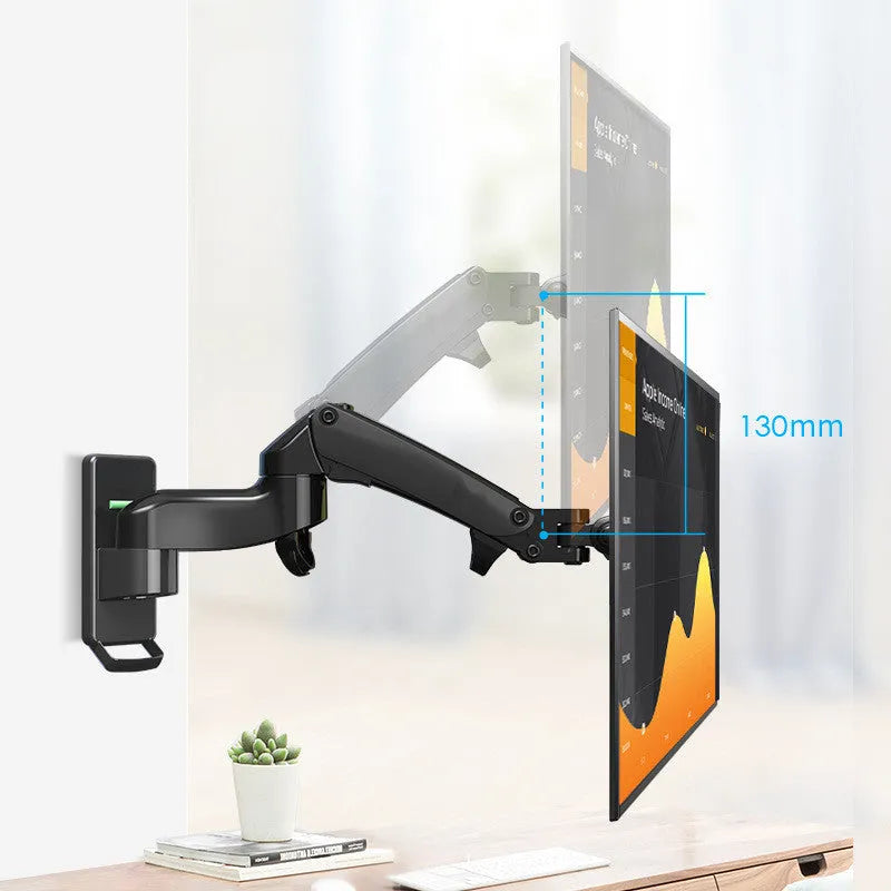 Black wall-mounted monitor stand with telescopic arm and rotating screen mount for VESA compatible displays.