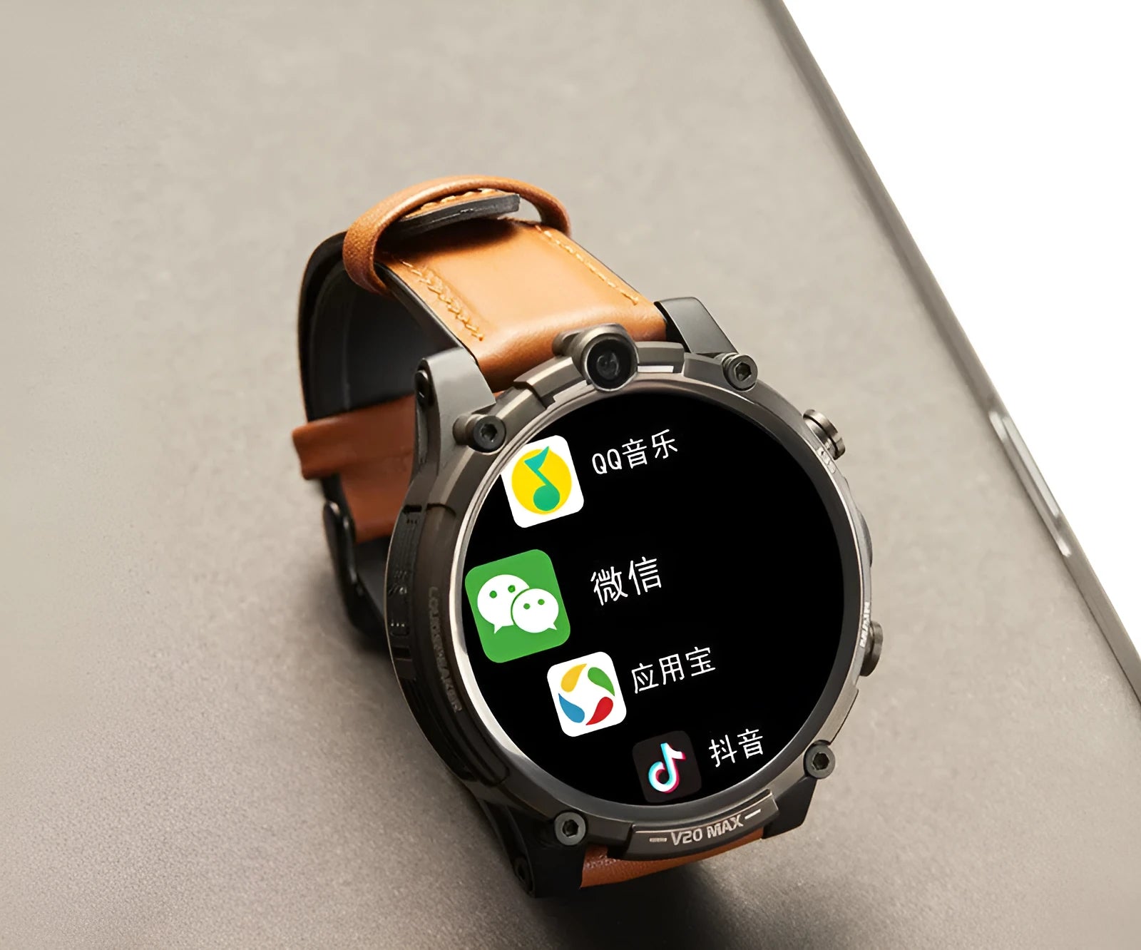 Black smart phone watch with 1.6-inch screen, dual cameras, and wrist strap