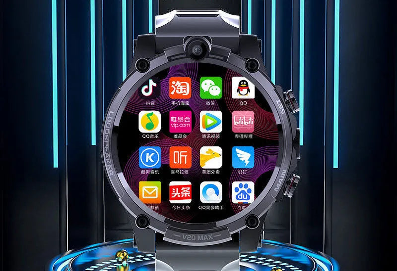 Black smart phone watch with 1.6-inch screen, dual cameras, and wrist strap