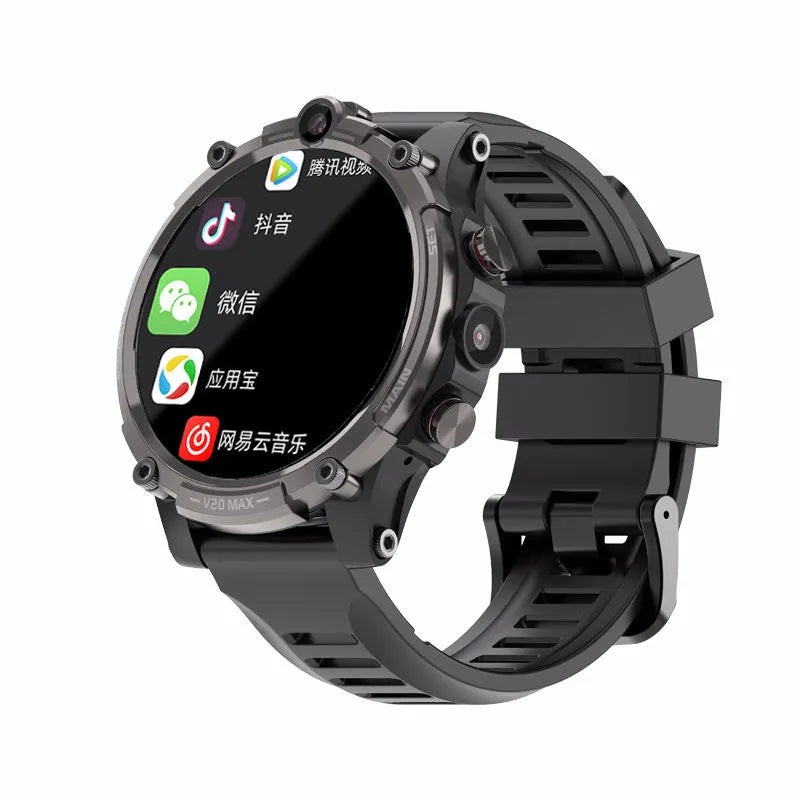 Black smart phone watch with 1.6-inch screen, dual cameras, and wrist strap