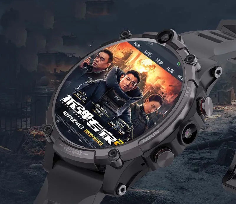 Black smart phone watch with 1.6-inch screen, dual cameras, and wrist strap