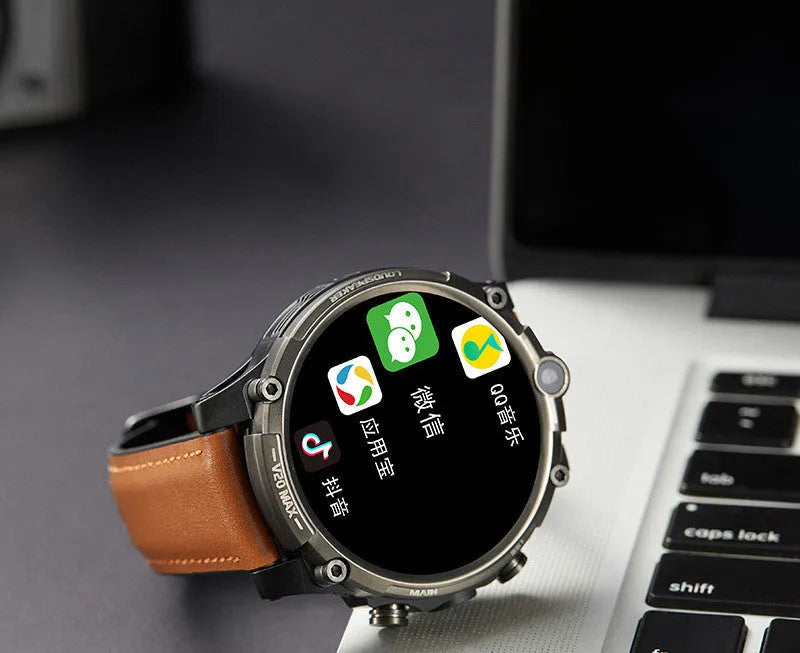 Black smart phone watch with 1.6-inch screen, dual cameras, and wrist strap