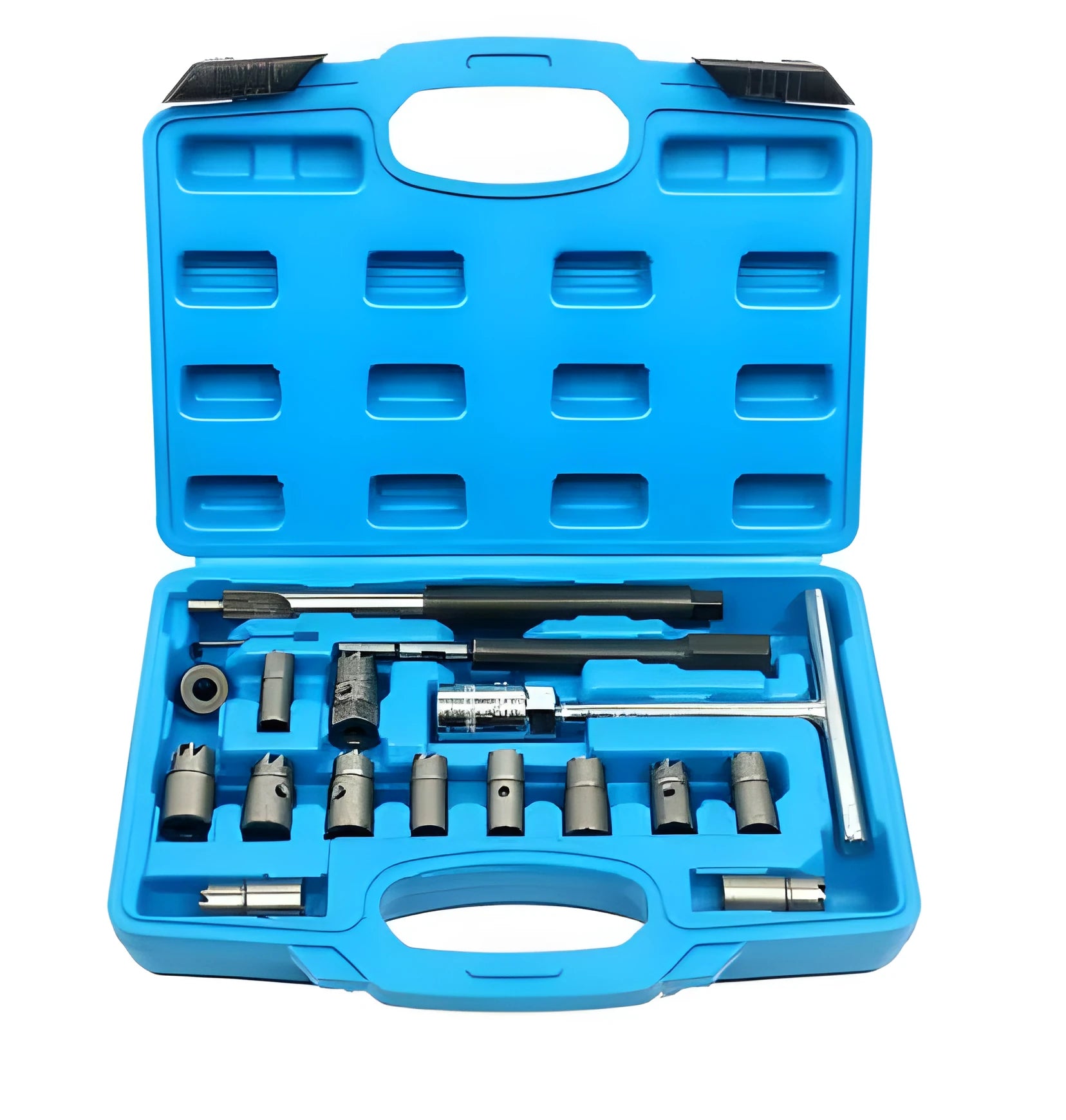 17-piece fuel injector reamer kit with reamers, T-handle, and test benchmark in blue case