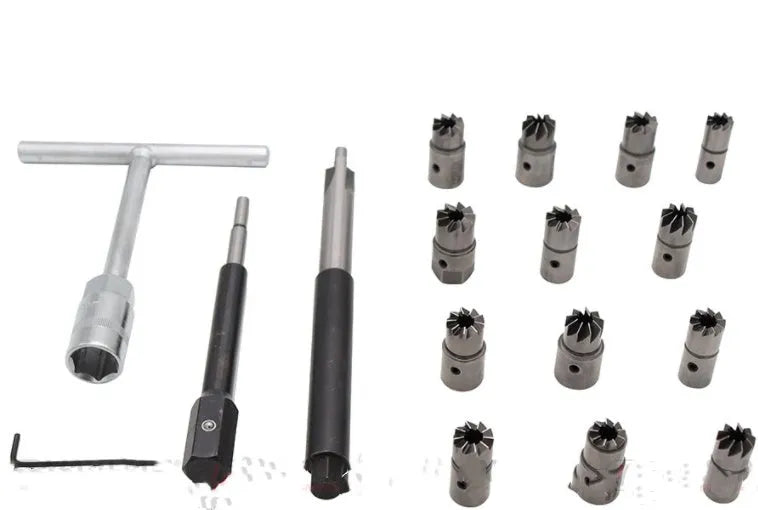 17-piece fuel injector reamer kit with reamers, T-handle, and test benchmark in blue case