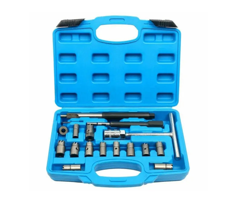 17-piece fuel injector reamer kit with reamers, T-handle, and test benchmark in blue case