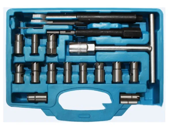 17-piece fuel injector reamer kit with reamers, T-handle, and test benchmark in blue case