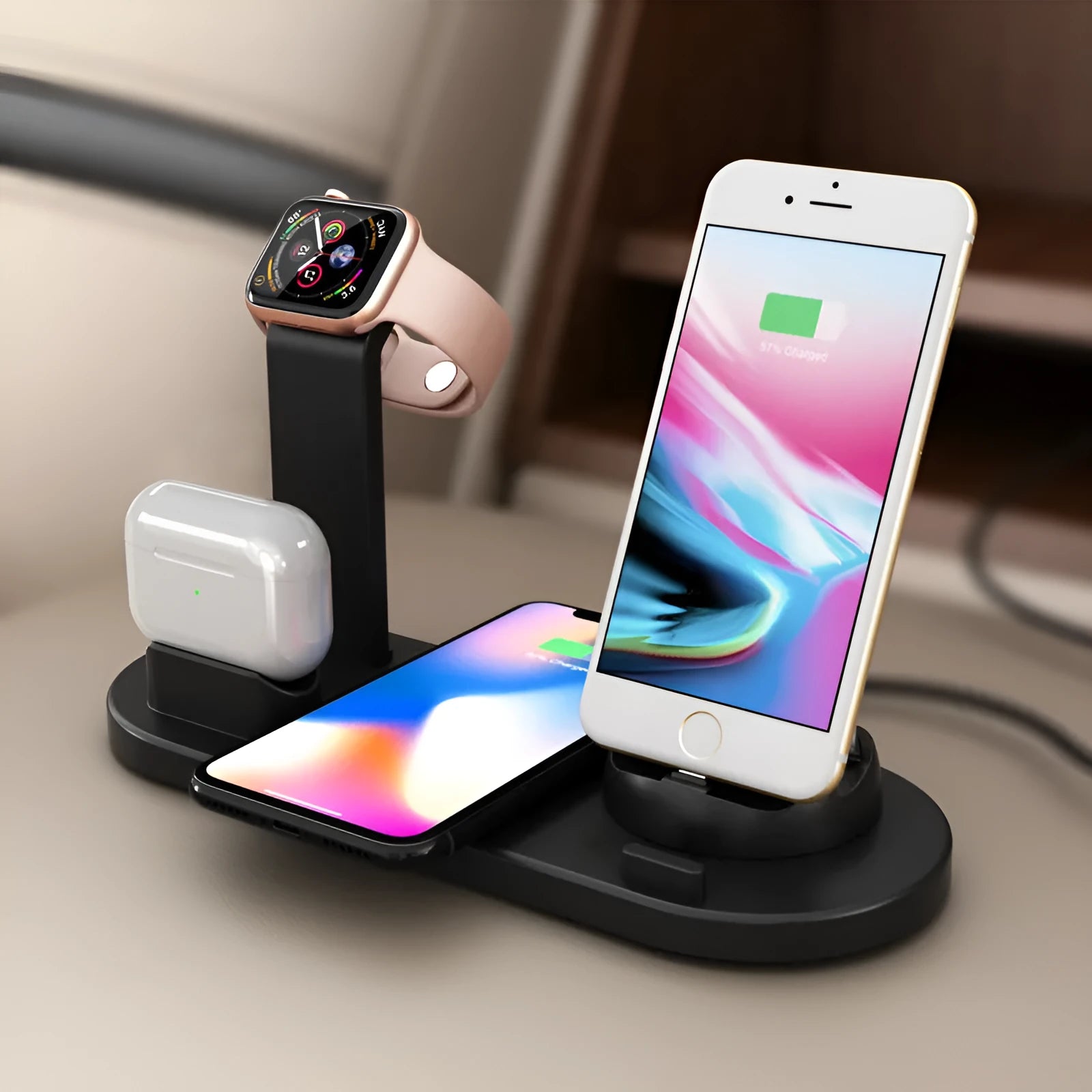 Three-in-one wireless charging bracket for watch, earbuds and mobile phone in black colour