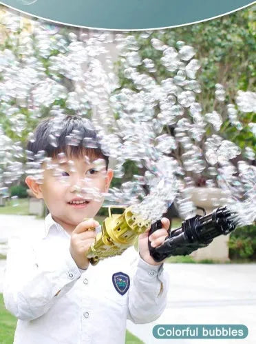 Kids plastic bubble machine gun toy in pink colour with battery compartment and bubble solution sink