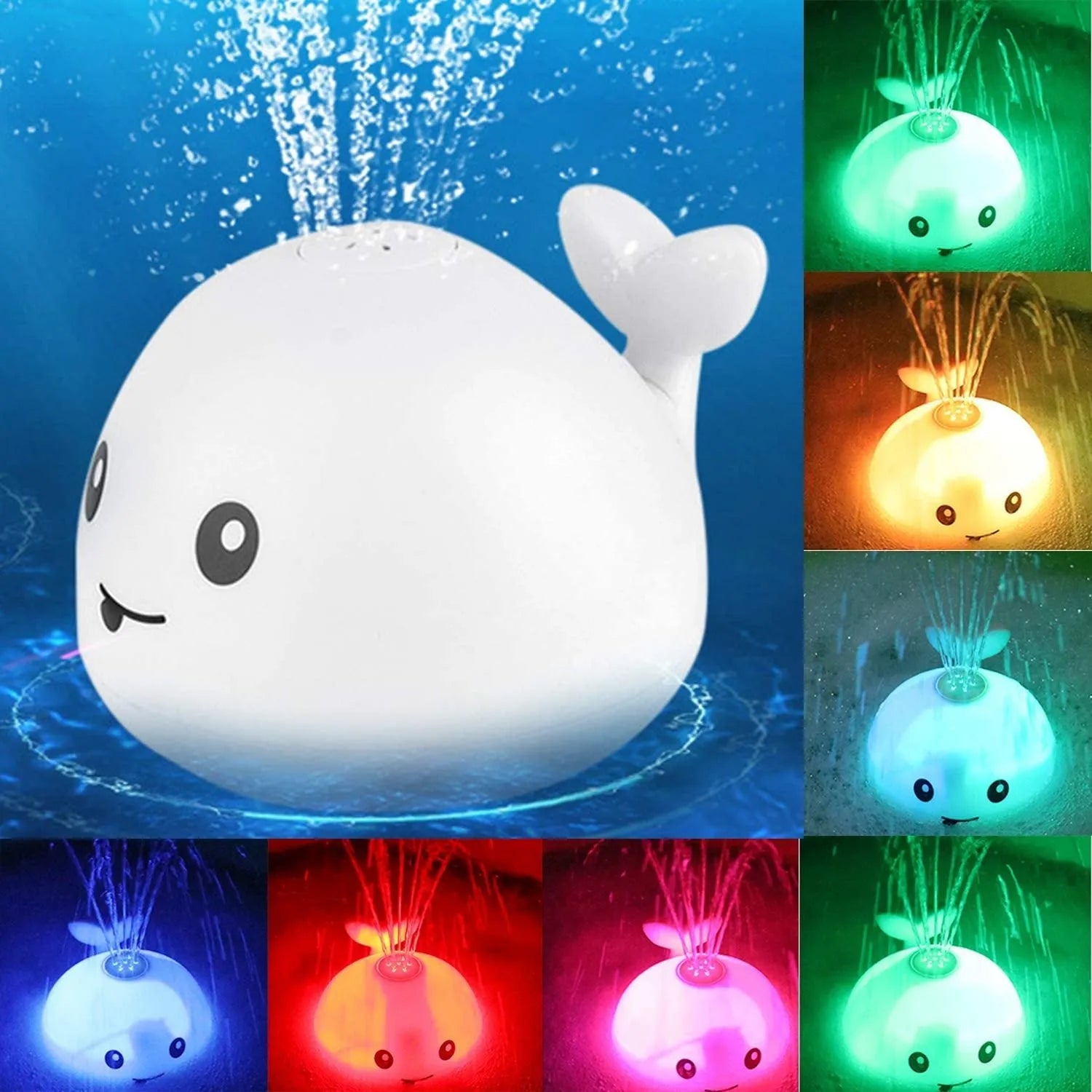 Electric whale-shaped bath toy with water spray, LED lights, and automatic water sensing for babies