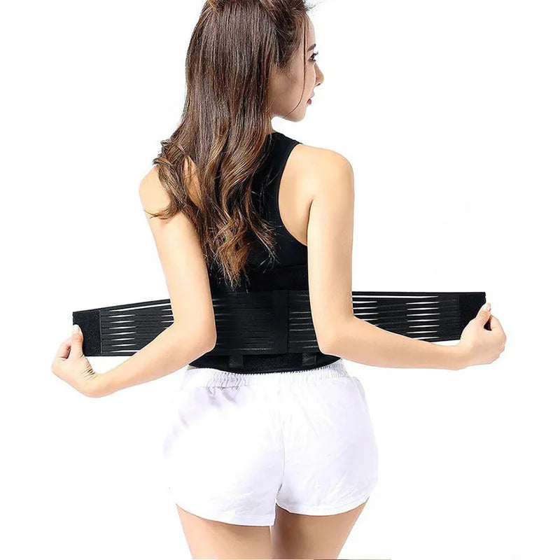 Black self-heating magnetic waist fixing belt for lumbar support, shown on a mannequin torso.