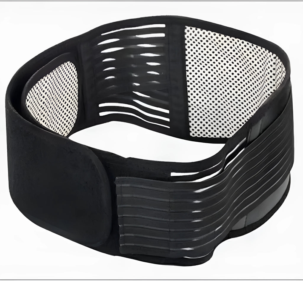 Black self-heating magnetic waist fixing belt for lumbar support, shown on a mannequin torso.