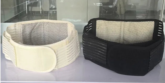Black self-heating magnetic waist fixing belt for lumbar support, shown on a mannequin torso.