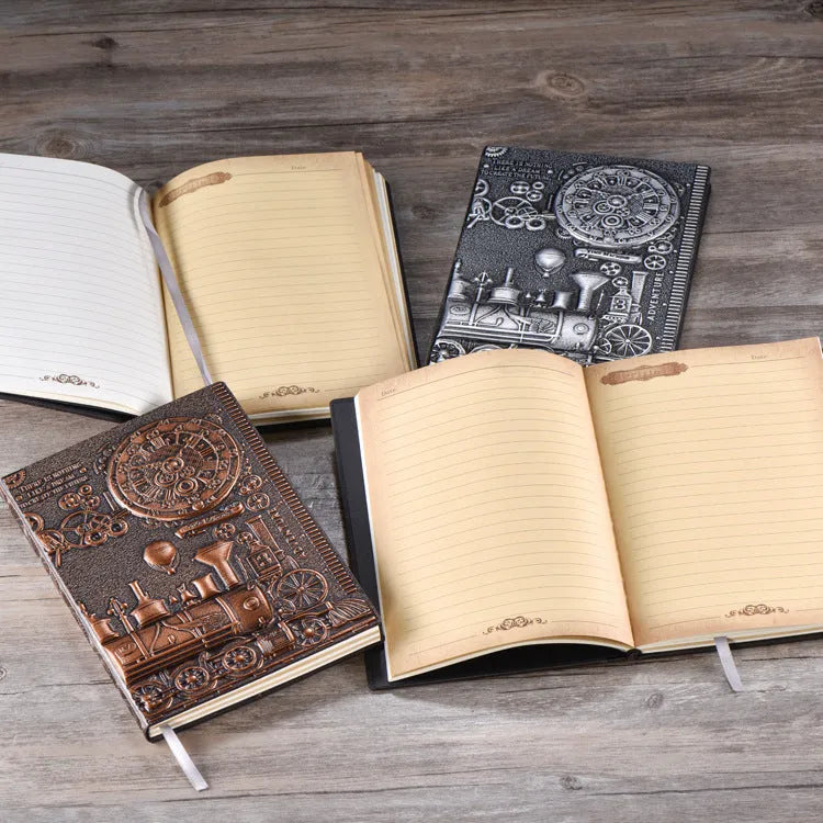 European relief retro notepad diary with embossed design showing three metallic colour options