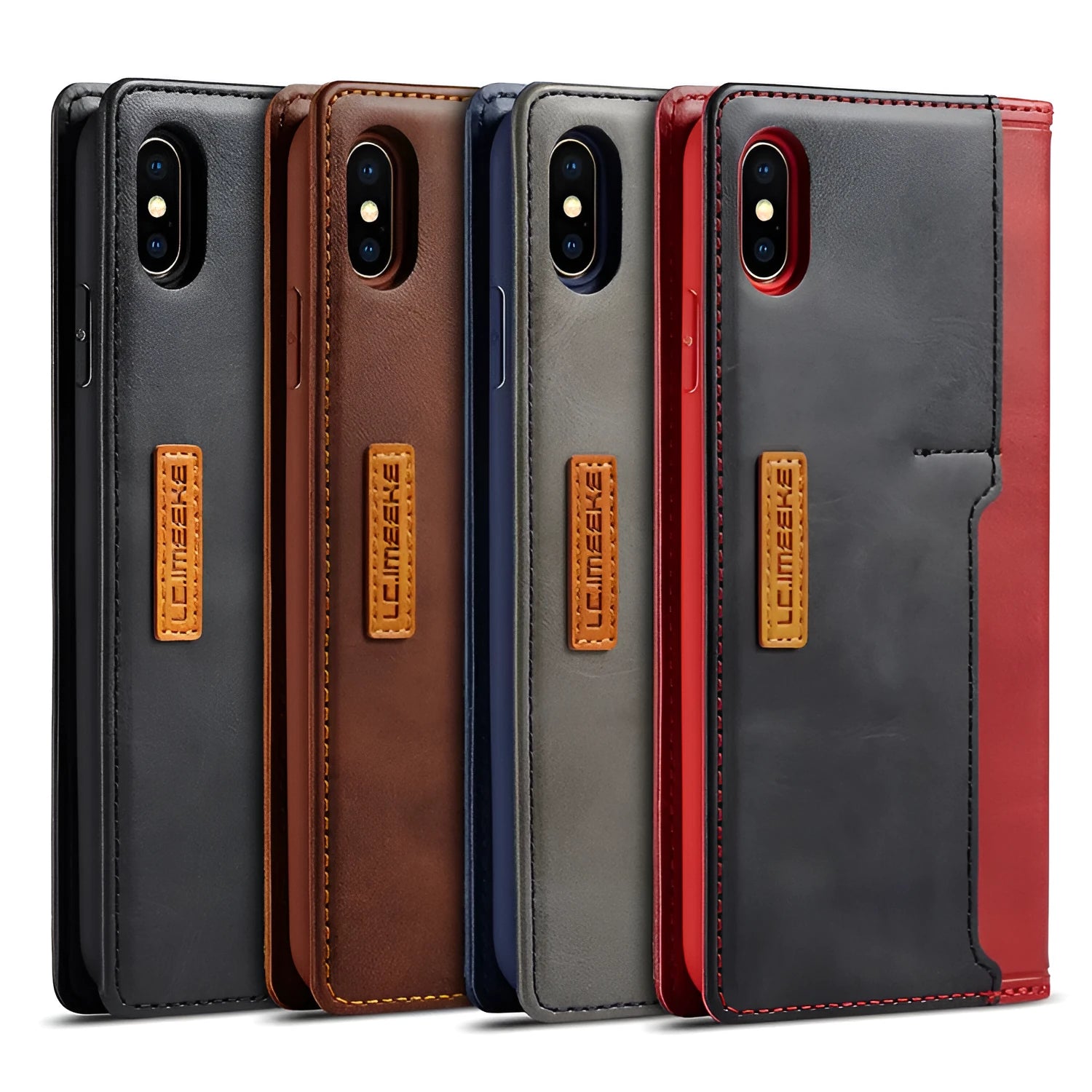 Retro-style brown leather flip wallet case for iPhone open to show interior card slots