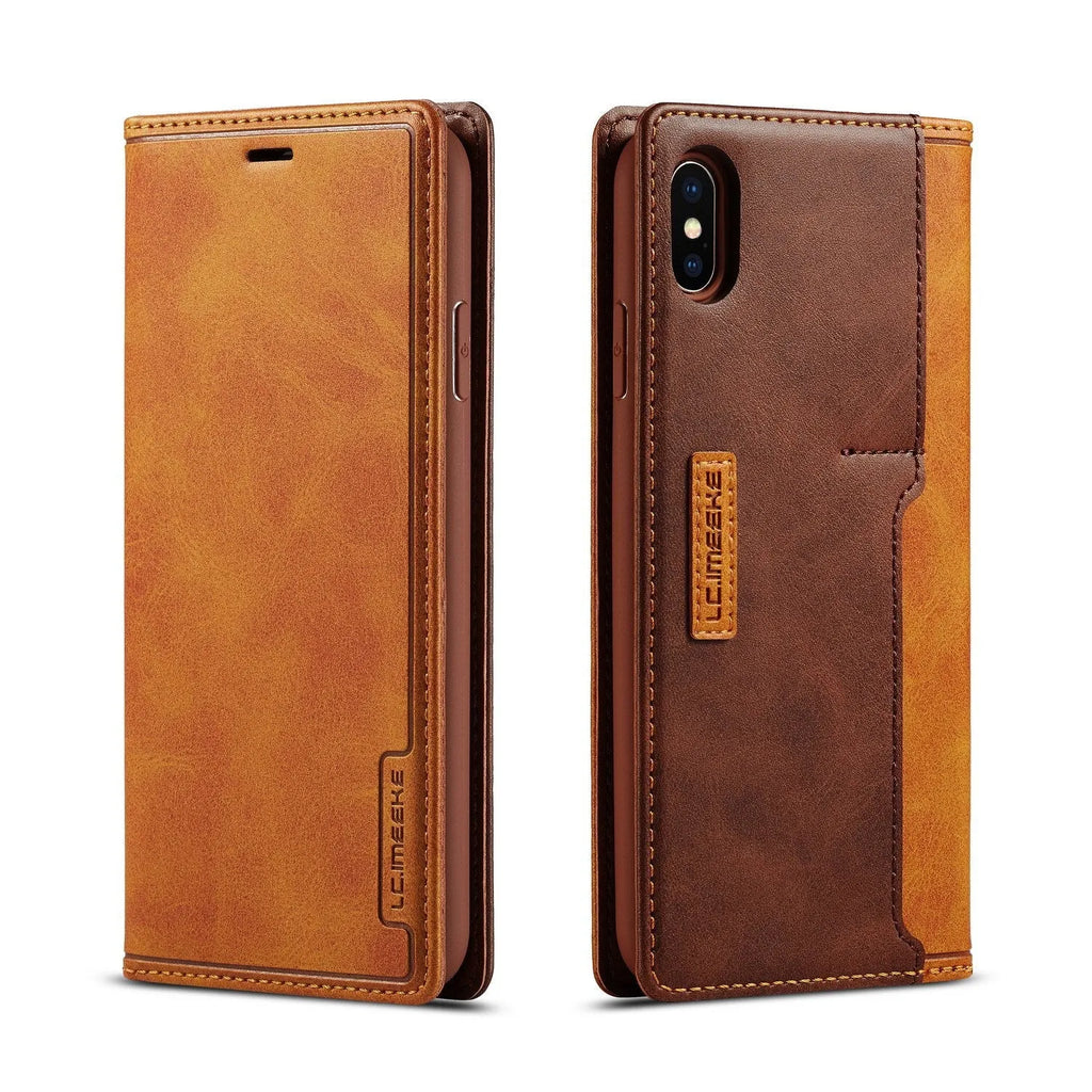 Retro-style brown leather flip wallet case for iPhone open to show interior card slots