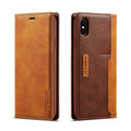 Retro-style brown leather flip wallet case for iPhone open to show interior card slots