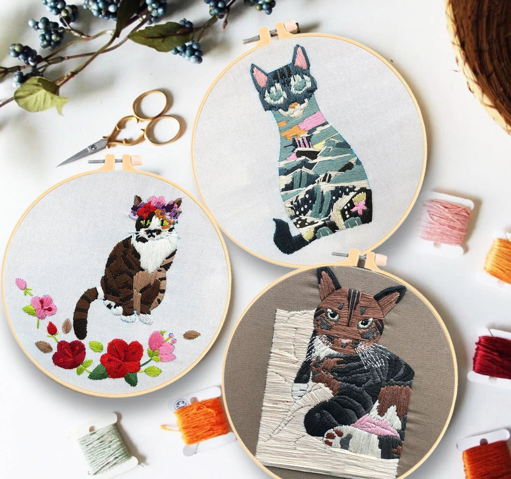 Cross stitch embroidery kit with cat designs on cotton fabric for beginners