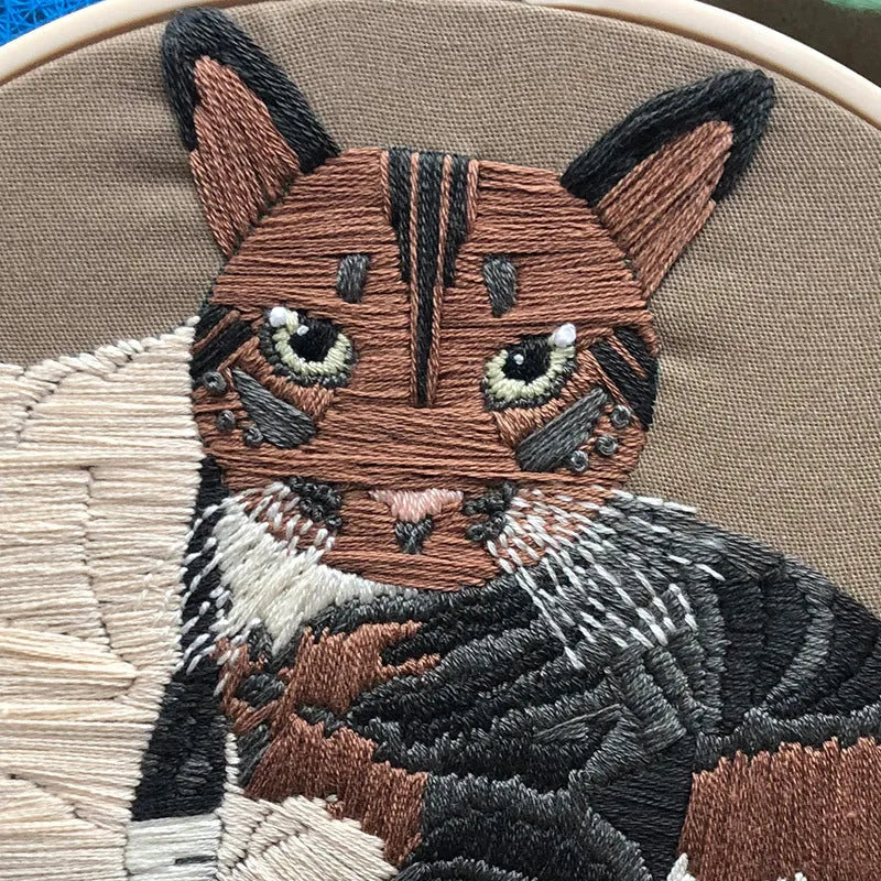 Cross stitch embroidery kit with cat designs on cotton fabric for beginners