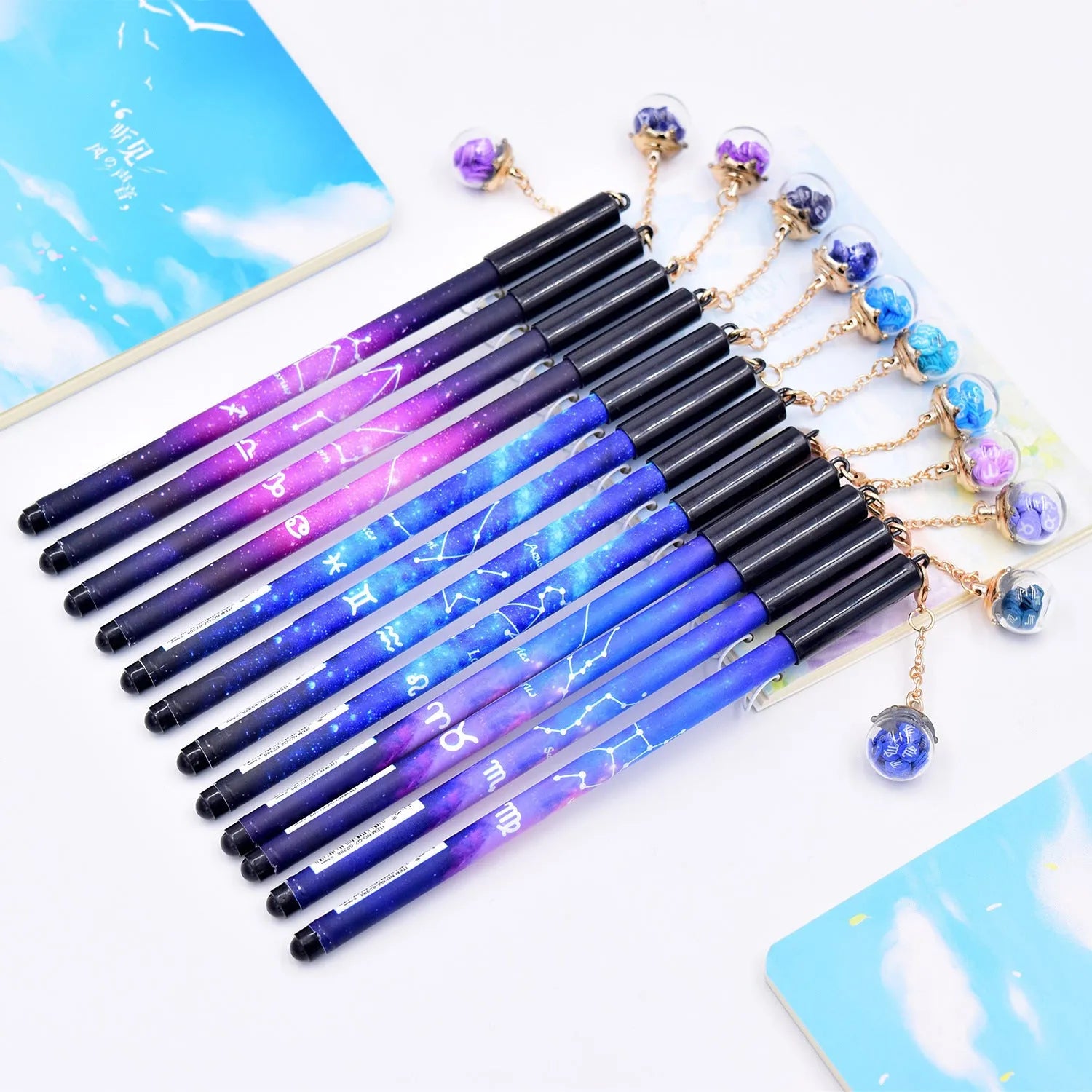 Twelve Constellations romantic black gel pen with zodiac pendant, 0.5mm tip, plastic body, 16cm, random colour
