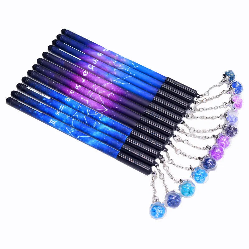 Twelve Constellations romantic black gel pen with zodiac pendant, 0.5mm tip, plastic body, 16cm, random colour