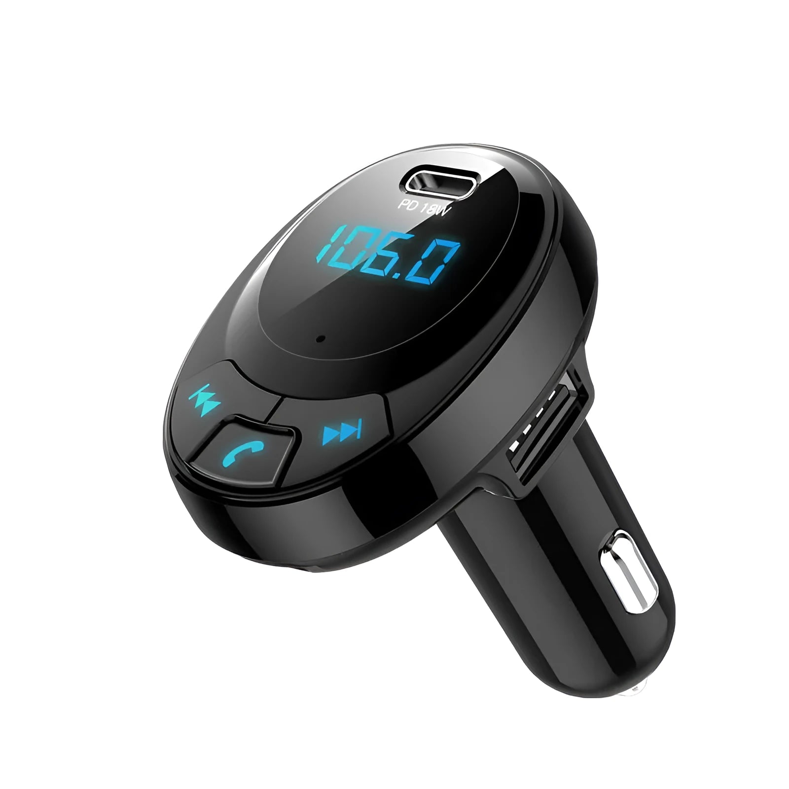 Black car MP3 player with Bluetooth, digital screen, and dual USB ports for vehicle charging