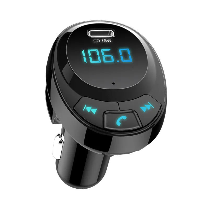 Black car MP3 player with Bluetooth, digital screen, and dual USB ports for vehicle charging