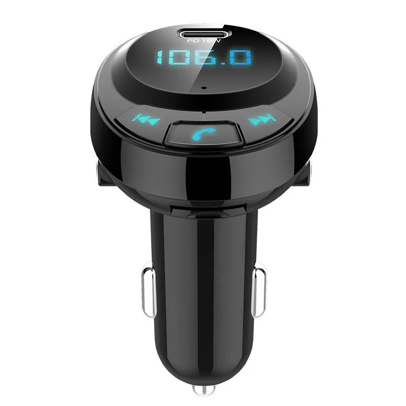 Black car MP3 player with Bluetooth, digital screen, and dual USB ports for vehicle charging