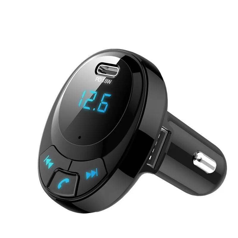 Black car MP3 player with Bluetooth, digital screen, and dual USB ports for vehicle charging