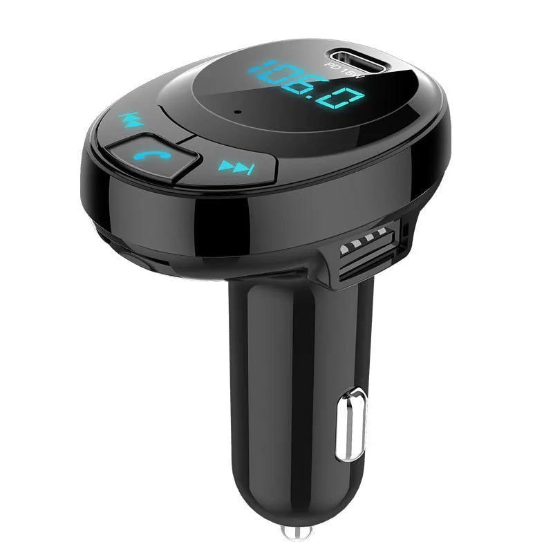 Black car MP3 player with Bluetooth, digital screen, and dual USB ports for vehicle charging