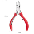 Stainless steel nail clippers with red, blue, and black ABS handles and two blade types.