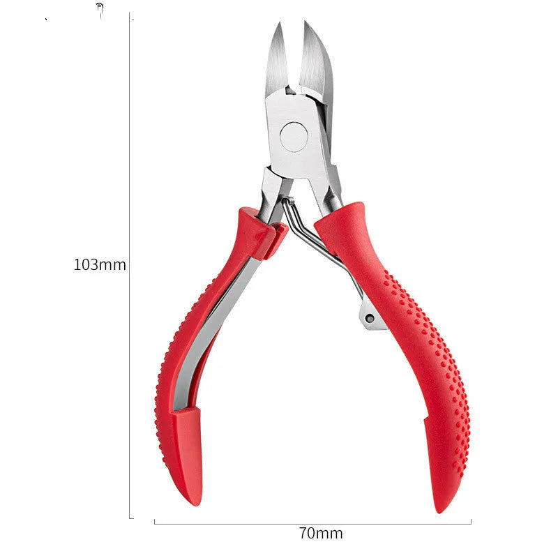 Stainless steel nail clippers with red, blue, and black ABS handles and two blade types.