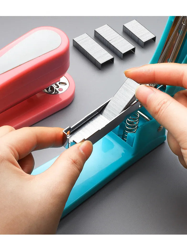 360-degree rotatable desk stapler in blue showing eight binding direction indicators