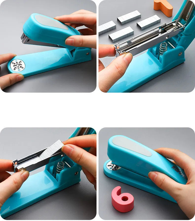 360-degree rotatable desk stapler in blue showing eight binding direction indicators